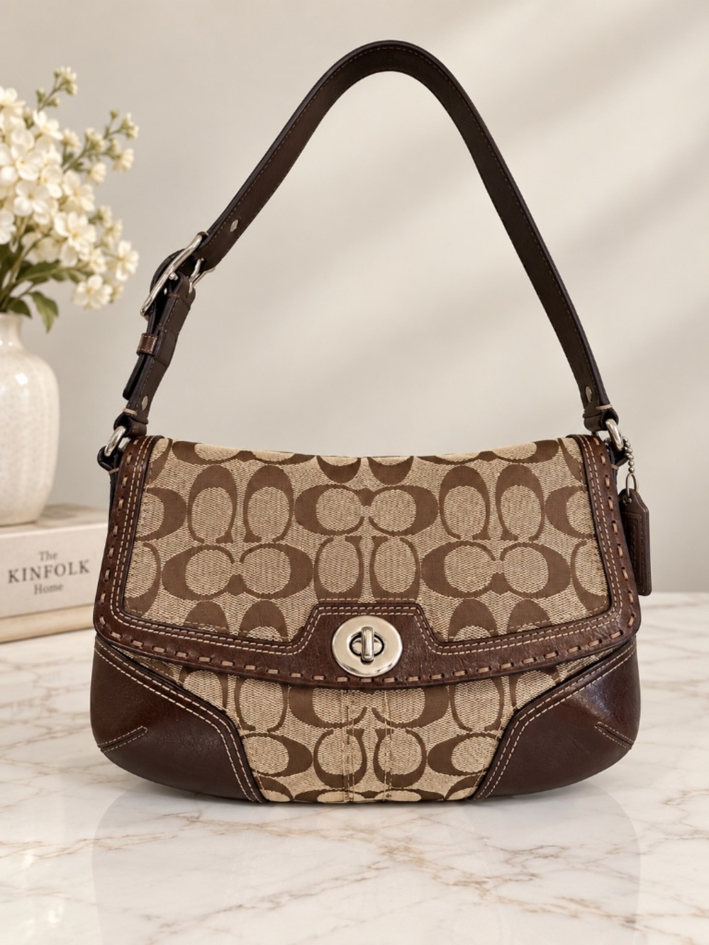 Coach Vintage Y2K Signature Brown Canvas & Leather Flap Turn-loch Shoulder Bag